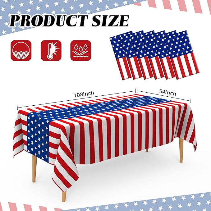 4th of July Tablecloth, Patriotic Plastic Tablecloths 54"x108", Fourth of July Table Decorations Red White and Blue American Table Covers 6 Pack, Patriotic Decorations Memorial Day Party Supplies