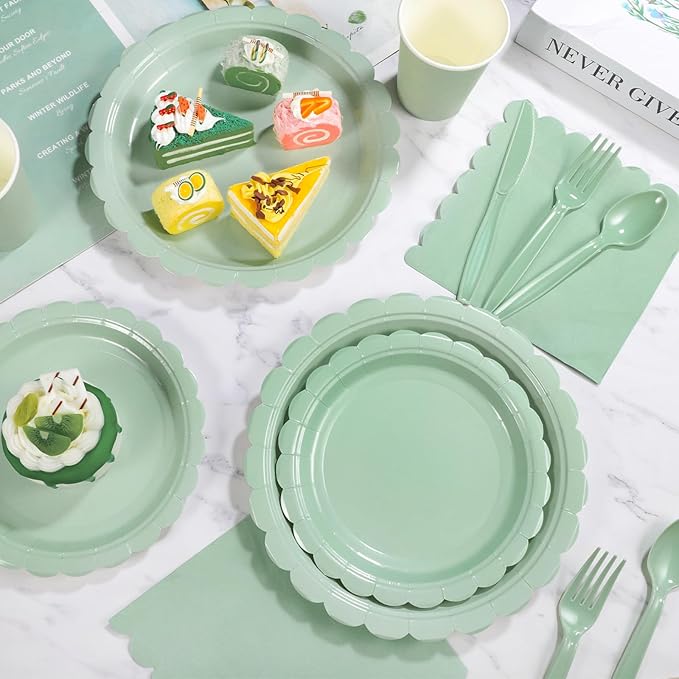 175 Pcs Party Plates and Cups and Napkins Sets, 9" Easter Plates, 7" Dessert Plate, 9oz Cups & Cutlery, 25 Guest Scalloped Sage Green Party Supplies for Easter, Bridal Baby Shower, Birthday