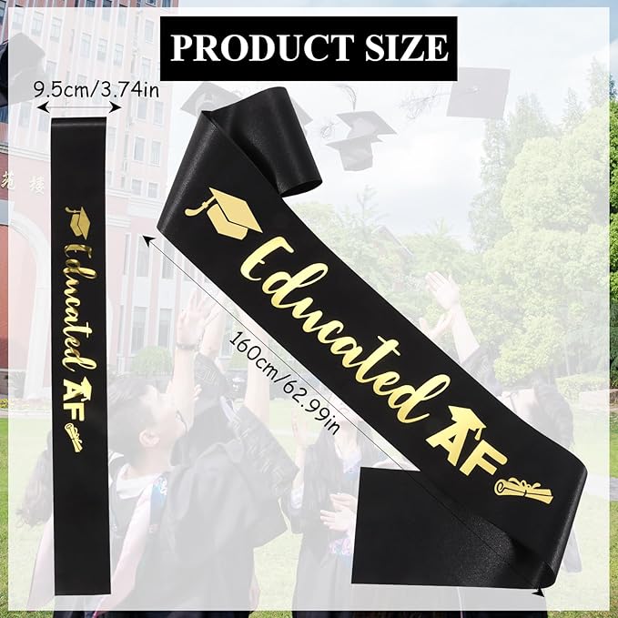 Educated AF Graduation Sash for Graduation Decorations, Black Glitter Sash with Gold Foil for Grad Gifts Party Supplies Graduation Accessories