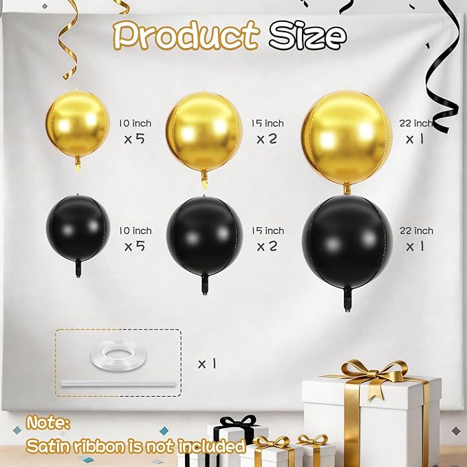 Togvu Black Gold Round Foil Balloons, 16PCS Different Sizes 4D Metallic Balloon Large Sphere Mirror Ball Balloons for Prom Graduation New Year Retirement Birthday Party Ceiling Decorations Supplies
