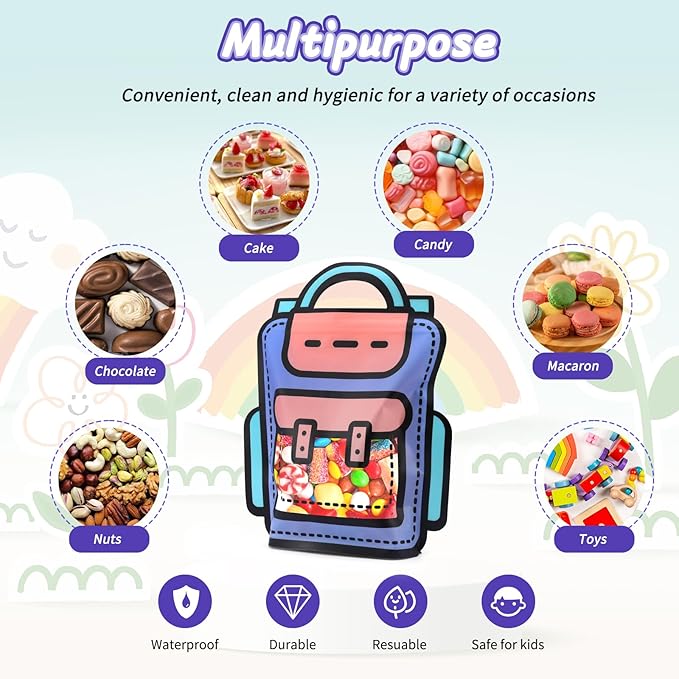 EONSUI 30PCS Plastic Cartoon Backpack Shaped Goodies Bags with Handles for Kids Birthday, Back to School Supplies, Baby Shower, Party, Wedding, Reusable Bulk Gift Wrapper for Candy, Snacks, Chocolate