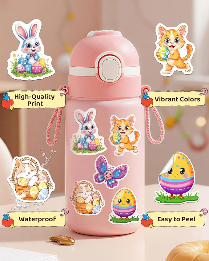 JCFIRE 100 PCS Easter Stickers for Kids, Waterproof Vinyl Cute Bunny & Egg Decals, Ultimate Easter Basket Stuffers for Toddlers, Teens, Boys & Girls, Egg Fillers, Party Favors, Crafts & Decorations