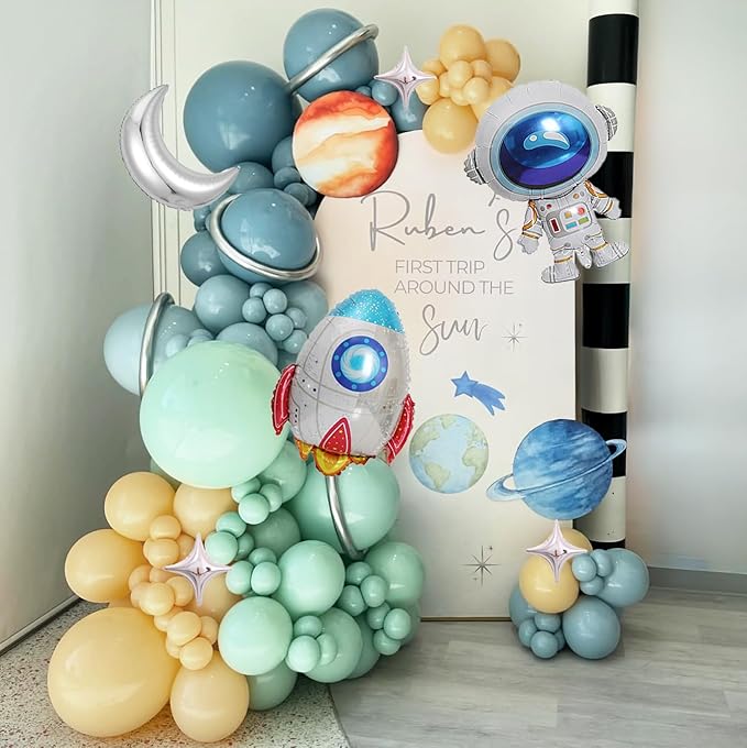 137Pcs Space Balloon Arch Garland Kit with Dusty Blue Green Nude Rocket Astronaut Moon Star Balloons for Space Baby Shower, Nasa Party Decor, Astro Bot Party Supplies, Over The Moon for Boy