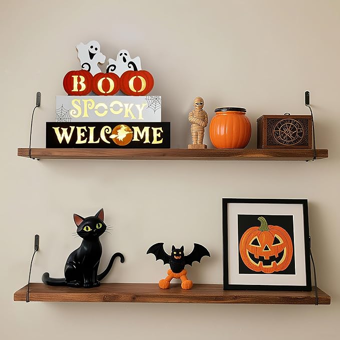 WBao Halloween Decorations Indoor 9.4inch Premium Wooden Block Set with Glowing 3D Letters, Timer, Battery Powered Rustic Farmhouse Centerpiece for Home, Table, Mantel, Shelf Halloween Party Decor