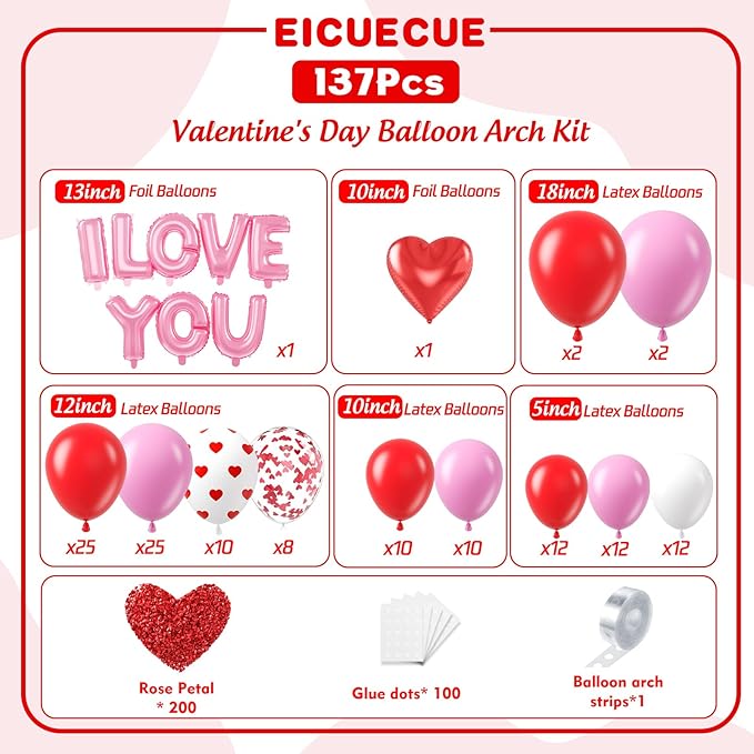 Valentines Day Balloons Garland Arch Kit - Red Heart and I LOVE YOU Foil Balloon with Different Size Red Pink White Balloons for Valentine's Day Galentine's Day Anniversary Party Decorations