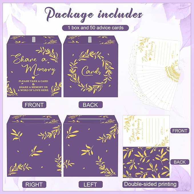 Pajean 50 Pcs Share a Memory Cards for Collections of Life, Memory Cards Box for Guest Ideas Funeral Graduation Wedding Bridal Shower Birthday Anniversary Retirement(Purple,Gold,Trendy)