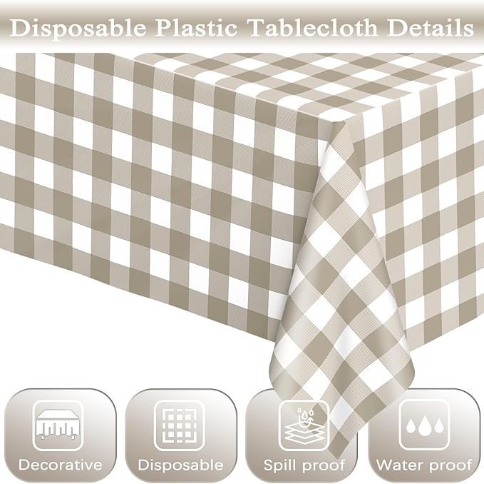 WNINK 3 Pack Brown Checkered Rectangular Plastic Tablecloths, Brown and White Gingham Waterproof Disposable Table Covers 54" x 108" for Birthday, Baby Shower, Wedding, Outdoor Picnic Parties