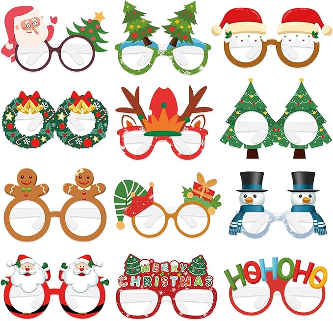 12PCS Christmas Glasses, Funny Christmas Party Paper Glasses Photo Booth Props Holiday Eyeglasses Frames for Xmas Party Supplies Decorations