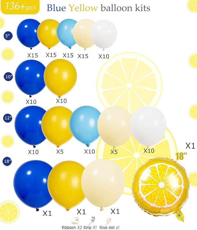 Lemon Royal Blue Yellow Balloon Garland Arch Kit with Lemon Foil Balloons for amalfi last toast on the coast Bachelorette Bridal Shower Decorations Main Squeeze Party Supplies