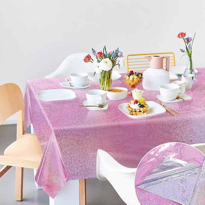 2 Pack Light Pink Iridescent Plastic Tablecloth Disposable 54 × 108 Inch Glitter Holographic Foil Table Cloth Plastic Laser Rectangle Table Cover for Birthday Wedding Disco Party