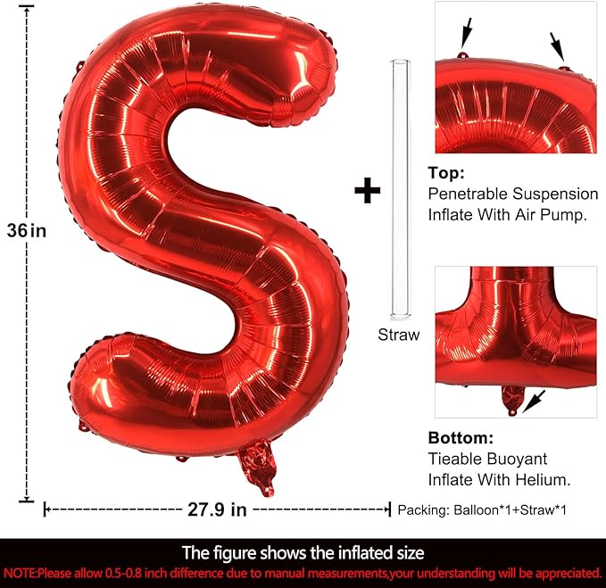 Lovoir 40 Inch Large Red Letter S Balloons Big Size Jumbo Mylar Foil Helium Balloon for Birthday Party Celebration Decorations Alphabet Red S