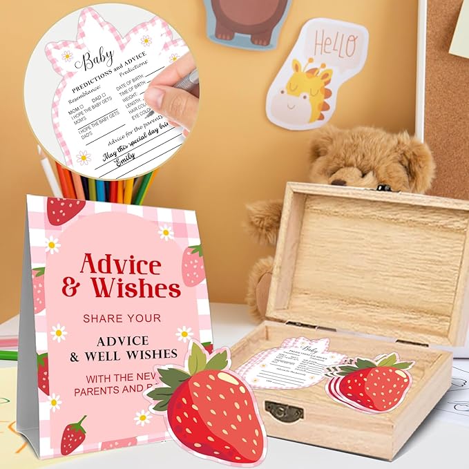 52 Pcs Strawberry Baby Shower Advice and Wishes Cards Box Set, 50 Strawberry Double Sided Advice Cards with Wooden Keepsake Box for Parents To Be, Pink Well Wishes Box for Baby Shower Birthday Party