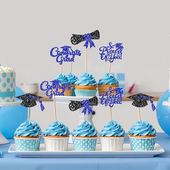 24Pcs Black Blue Graduation Cupcake Toppers 2026, Glitter Grad Cap Diploma Congrats Grad We Are So Proud of You Cupcake Toppers for Class of 2026 Graduation Party Decorations.
