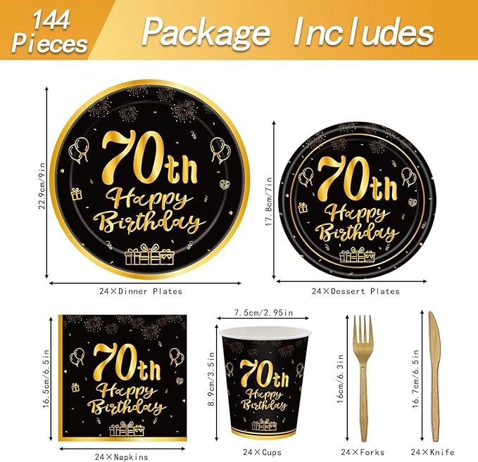 144PCS 70th Birthday Plates and Napkins Birthday Party Supplies 70th Birthday Party Decorations for Men Women Disposable Party Tableware Including Paper Plates Napkins Cups Forks Serve 24