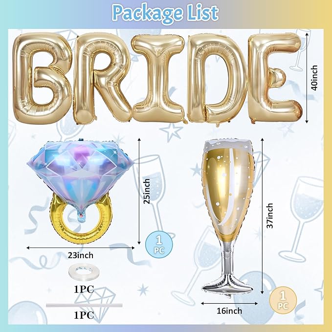40inch Gold Bride Balloons Bachelorette, Bride To Be Bridal Shower Balloon Diamond Ring Champagne Glass Foil Balloons for Bachelorette Bridal Shower Engagement Wedding Hen Night Room Party Decorations