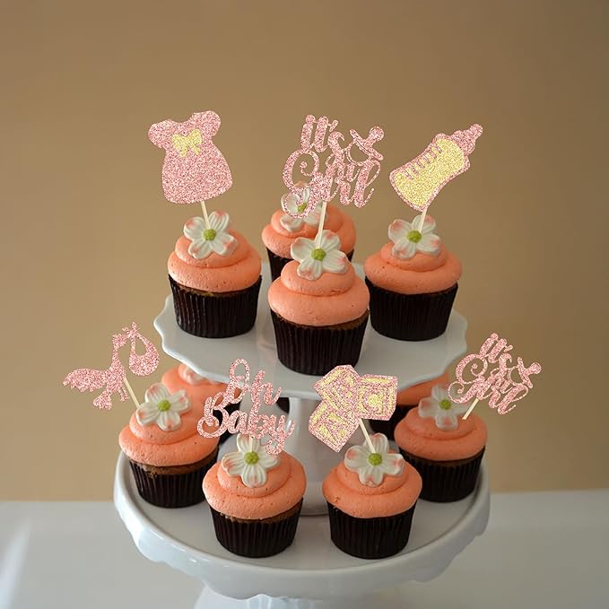 Gyufise 24Pcs Baby Shower Cupcake Toppers Glitter Bow Dress Baby Bottle Oh Baby Cupcake Picks It's a Girl Cake Decorations for Gender Reveal Baby Shower Kids Girls Birthday Party Supplies Rose Gold