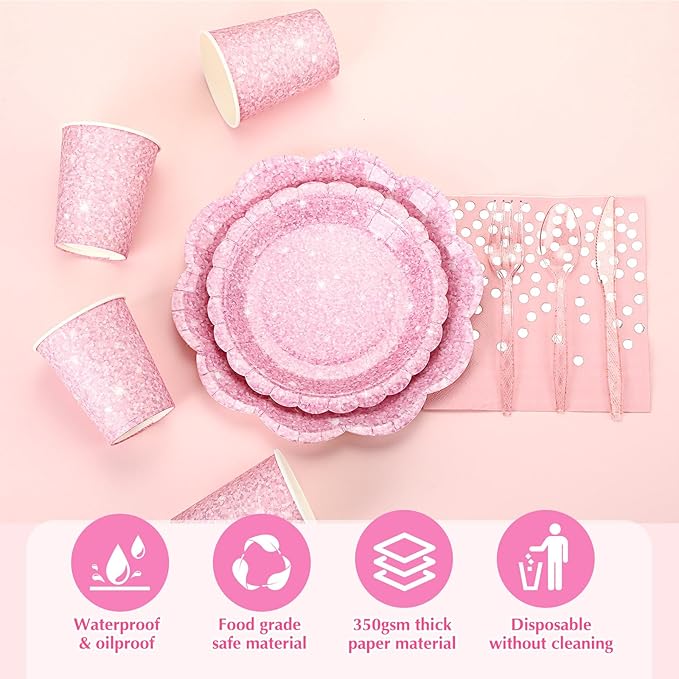 Hushee 175 Pcs Pink Holographic Print Party 25 Guests Disposable Dinnerware Set Include Paper Plates, Napkins, Paper Cups, Plastic Tableware for Birthday Party