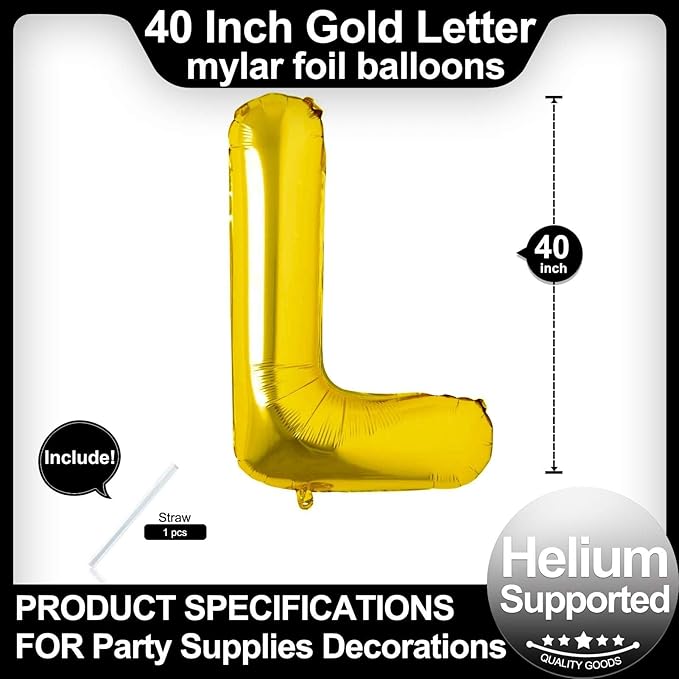 40 Inch Gold Letter L Balloons, DIY Phrase Foil Alphabet Letter L Balloons DIY Word L Banner for Birthday Anniversary Celebration Graduation Party Supplies Decoration