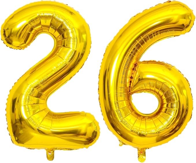 Large Gold 26 Number Balloons, 40 Inch Jumbo Number 26 Balloon, Gold Foil Mylar Balloons for Girl Sweet 26th/62th Birthday Party, Anniversary Decorations