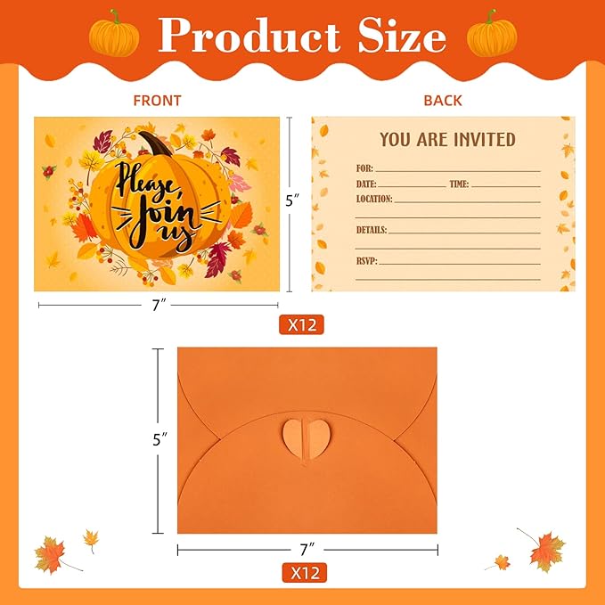 SICOHOME Thanksgiving Party Invitations - 12pcs 5"x7" Friendsgiving Invitations with Envelopes for Kids Adult Baby Shower Fall Birthday Invitations Thanksgiving Greeting Cards Party Favors Supplies
