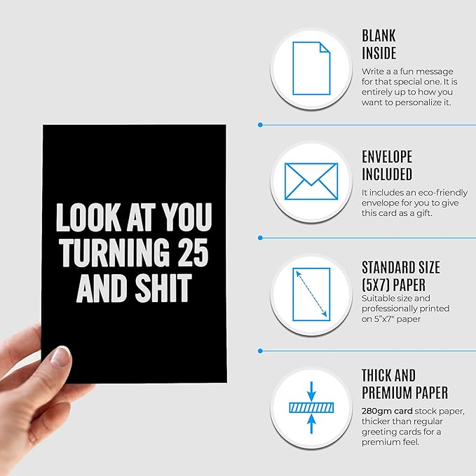 Funny 25th Birthday Card for men or women with envelope | Joke card for someone who is turning 25 years old | Original and unique present idea for son, daughter.