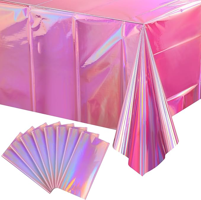 8 Pack Iridescent Pink Plastic Tablecloths, FunnyPars Shiny Disposable Laser Rectangle Table Covers, Holographic Foil Tablecloth Iridescent Party Decorations for Kpop Birthday Wedding Xmas, 54x108Inch