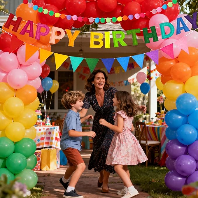 Pre-Strung 3D Happy Birthday Banner, 38 PCS Felt Ball Garland HAPPY BIRTHDAY Sign, Rainbow Pom Pom Garland, Triangle Fabric Bunting Party Banners, Reusable Rainbow Birthday Party Decorations for Girls Boys Women Men