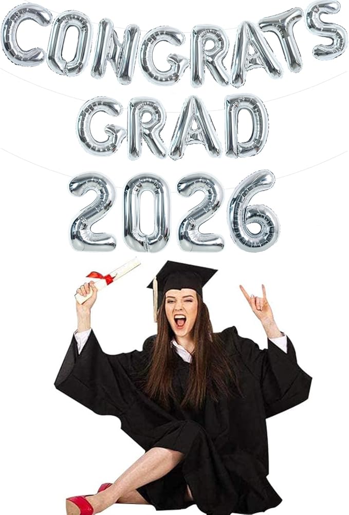 TONIFUL Graduation Balloons 16 Inch Silver Congrats Grad Balloons 16 Inch Silver 2026 Number Foil Balloons for 2026 Graduation Party Graduate Congratulations 2026 Congrats Grad Decorations