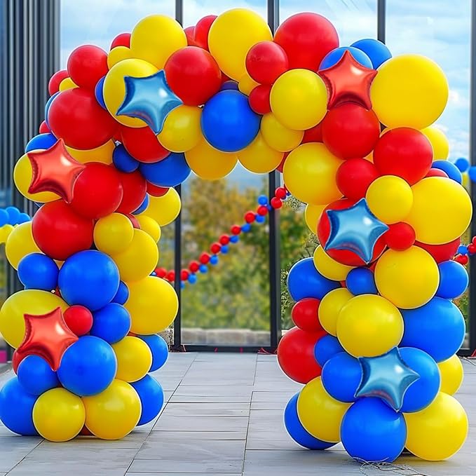 Carnival Circus Balloon Garland Arch Kit, 160Pcs Red Yellow Blue Latex Balloons with Star Foil Balloons for Baby Shower Bridal Shower Birthday Party Decorations