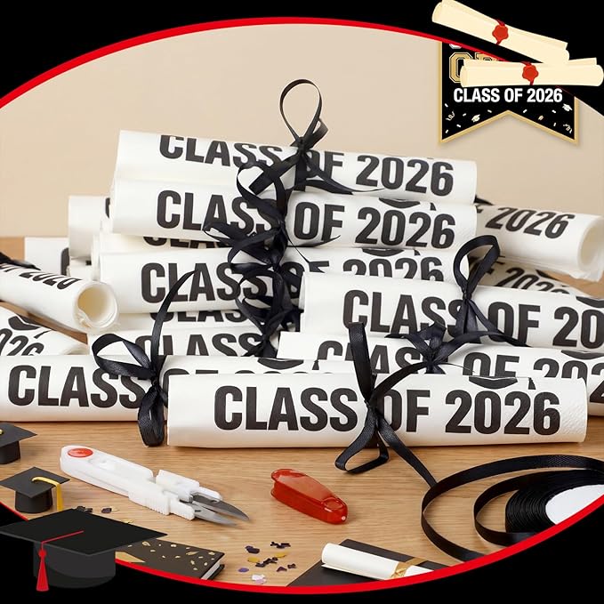 100 Set Graduation Class of 2026 Guest Napkins Black Rolled Silverware Disposable Grad Award Dinner Napkin with Ribbon and Scissors for Celebration