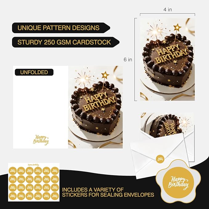 20 Pack Birthday Cards for Women, Messages, Envelopes, and Stickers | 4x6 Inch Happy Birthday Cards Bulk for Family, Kids, Friends, Work, and Office Celebrations. (20 Pcs Cards With Black and gold style)