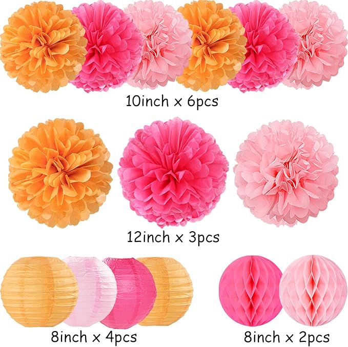 Hot Pink Orange Paper Flowers Tissue Pom Poms Honeycomb Lanterns 15pcs Party Decorations Fall Thanksgiving Wedding Baby Bridal Shower Birthday Autumn Groovy Sunset Hanging Supplies Mprocherify