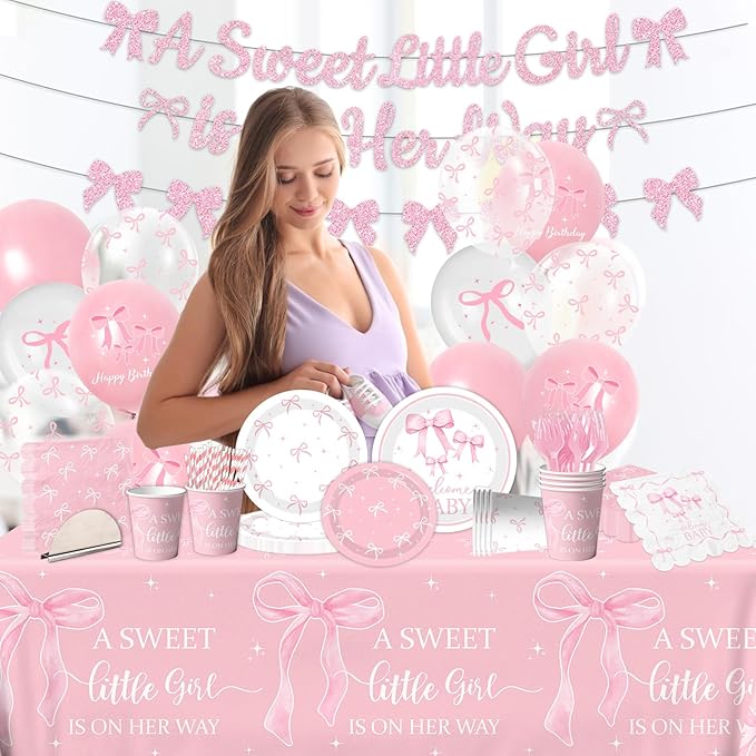Pink Bow Baby Shower Decorations for Girl - Bow Party Tableware Include Plates,Napkins,Banner A Sweet Little Girl is on Her Way Decorations for Welcome Baby Girl,Bow Coquette Birthday Party Serve 25