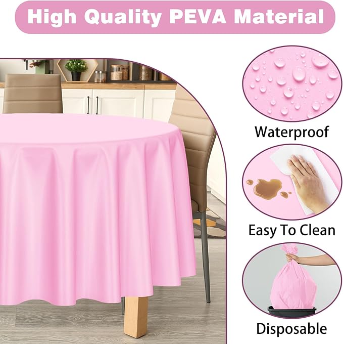 Kopokita 2 Pack Pink Round Disposable Plastic Tablecloths 84 inch Party Table Covers