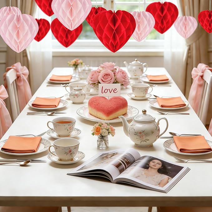 12 Pcs Heart Honeycomb Ball Heart Shaped Hanging Paper Pom Poms Decorations Valentines Photo Backdrop Decor Birthday Wedding Baby Shower Party Supplies