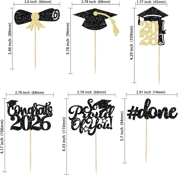 Gyufise 24Pcs Black Glitter 2026 Graduation Cupcake Toppers Glitter Congrats Class of 2026 Diploma Done Grad Cap Cupcake Picks So Proud of you Cake Decorations for 2026 Graduation Theme Party Supplies