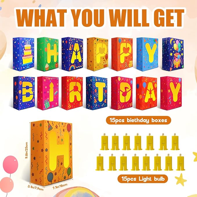 Birthday Decorations,15 PCS Happy Birthday Light-Up Paper Boxes - Reusable Cardboard Party Decor for Kids & Adults, Perfect for Birthday Parties, ndoor & Outdoor Celebrations