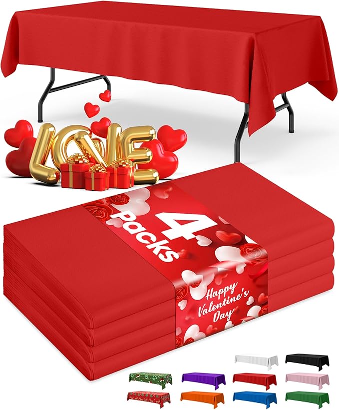 Red Plastic Table Cloth - 4 Pack 54" × 108" Rectangle Disposable Tablecloths for 6FT Tables, Table Cover for Party, Valentines, Holiday & Gathering Use