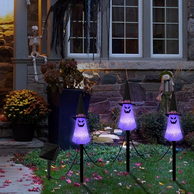 LIGHTSHINE 3PCS Ghost Solar Halloween Decorations, Solar Landscape Pathway Lights, Garden Stakes Light, Outdoor Halloween Lights Decor for Yard, Patio, Porch (Purple)