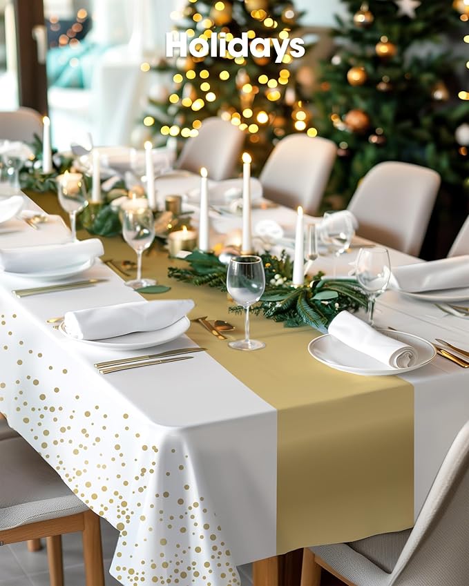 Pureegg Plastic Table Cloth Disposable 8 Pack, 54 x 108 Inch, Table Runner Style, Graduation Decorations 2026, Party Tablecloths, Rectangle, Plastic Cover, Leakproof & Sturdy, White Gold