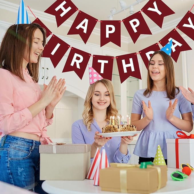 Hooqict Burgundy Happy Birthday Banner Sign for Backdrop Burgundy Birthday Party Decorations for Kids Girls Women Party Banner Wall Porch Door Hanging Garland