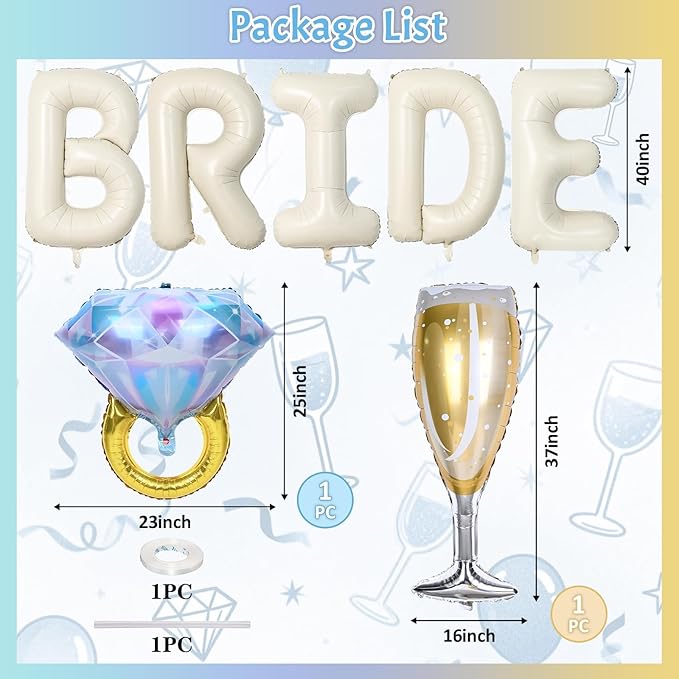40inch Cream Bride Balloons Bachelorette, Bride To Be Bridal Shower Balloon Diamond Ring Champagne Glass Foil Balloons for Bachelorette Bridal Shower Engagement Wedding Hen Night Room Party Decoration