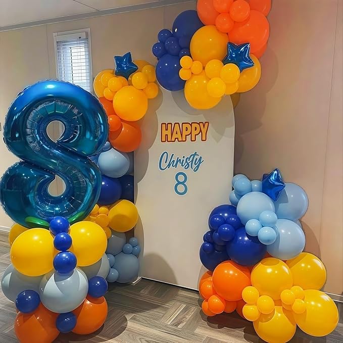 Navy Blue and Orange Garland Arch Kit, Orange and Yellow Balloons Light Baby Royal Blue with Foil Star Balloon for Kids Boys Baby Shower Birthday Graduation Gun Theme Party Decorations Supplies