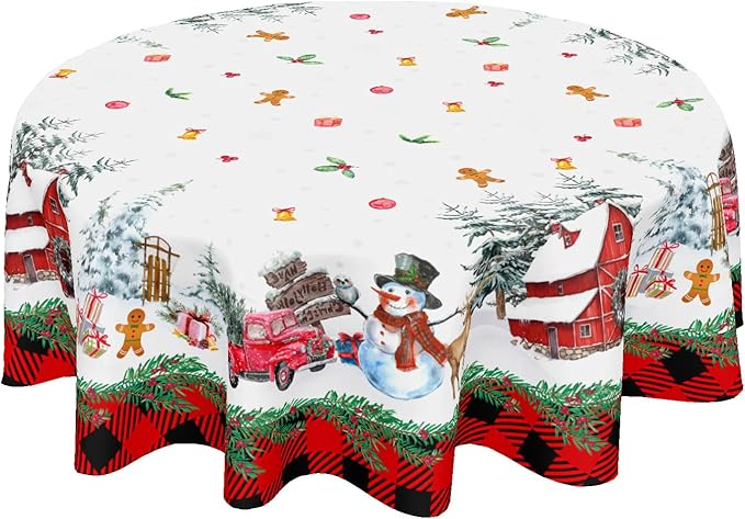 Merry Christmas Tablecloth Round 60 Inch Snowman Winter Table Cloth Washable Black Red Buffalo Plaid Snowflake Christmas Table Cover for Kitchen Dinner Room Holiday Party Indoor Outdoor Home Decor