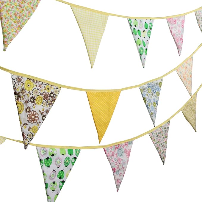 10M/32Ft Triangle Bunting Banner, 36 Pcs Cotton Fabric Flags Pennant Garlands for Birthday Party, Wedding, Baby Shower, Outdoor and Home Decorations (Yellow)