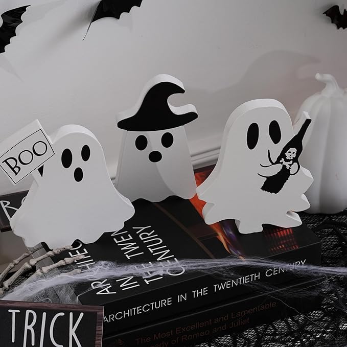 Halloween Decorations Indoor, Halloween Tiered Tray Decor Table Sign, Cute Ghost Decor Wooden Signs Ghost Blocks, Halloween Table Decorations Party Decorations for Mantle Home Shelf