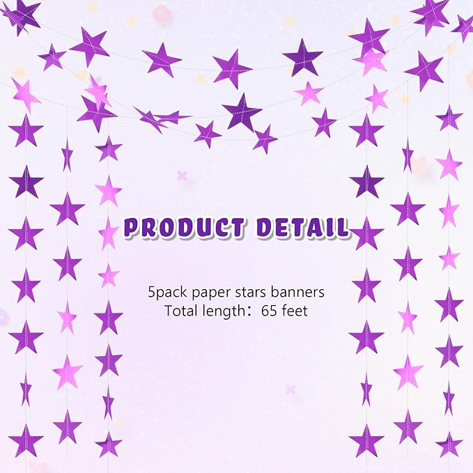 Spakon 65 Feet Glitter Star Paper Garland Banner Hanging Decoration Star Streamers Double Side 2026 Graduation Decorations for Wedding Birthday Festival New Year Party Decoration (Purple)