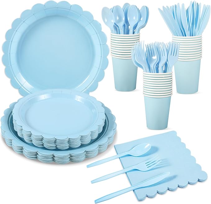175 Pcs Light Blue Paper Plates and Napkins, Boy Baby Shower Decorations Include Light Blue Scalloped Plates Napkins Cups Plastic Spoons Forks Knives for Birthday, Bridal Shower, Wedding,