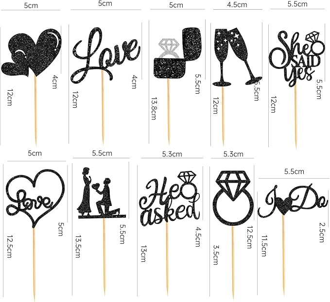 60 Pcs He Asked She Said Yes Cupcake Toppers,Engagement Cupcake Toppers Glitter Diamond Ring Heart Love I Do Cupcake Picks for Engagement Wedding Party Cake Decorations,Black