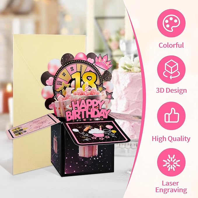 FaCraft Pop Up 18th Birthday Card - Handmade Happy Birthday Pop Up Greeting Cards Gift with Envelope and Blank Insert, Spinning Wheel Design, 18 Year Old Teens, Girls, Daughter